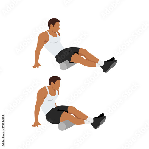 Man doing Foam roller hamstring stretch exercise. Flat vector illustration isolated on white background