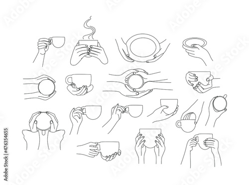 set of hands holding mugs. Linear style illustration