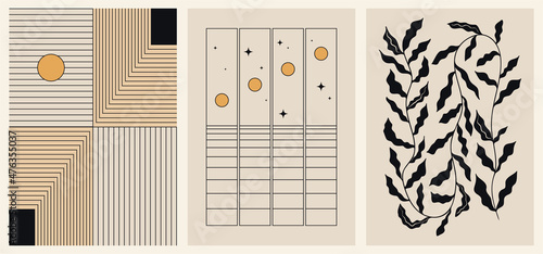 Set of three backgrounds for typography, decor design, covers. Vintage stylish illustration in boho style with stars, sun, lines, plant, stripes. Black and gold geometric shapes on beige.