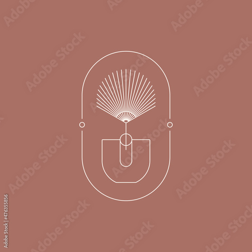 Boho Modern Vase and Palm Dried Leaf in Trendy Minimal Liner Style. Vector Bohemian Frame for Creating Logo