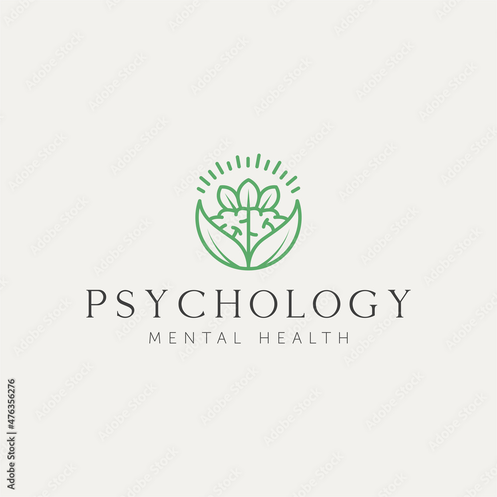 psychology mental health line art logo design. brain with nature symbol line art logo template vector illustration design - obrazy, fototapety, plakaty 