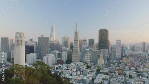 Aerial daytime video drone footage of San Francisco, California, USA, at sunset. 