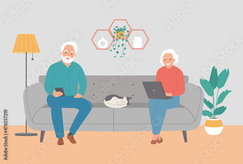 Elderly woman and man on comfortable sofa and using laptop and smartphone at living room. Vector flat style illustration
