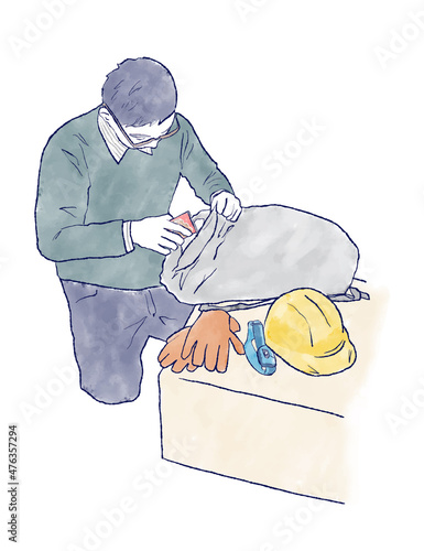 防災用品をリュックサックに詰める男性・水彩とインク手描きイラスト　災害　備える　ヘルメット　ライト