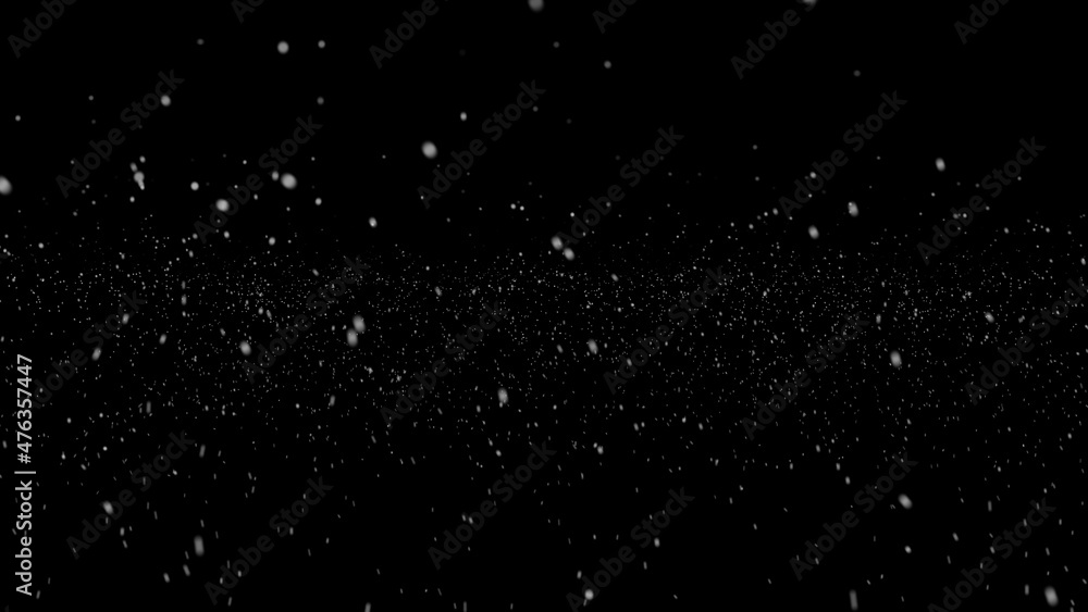 Falling real snowflakes on black background. White snow falling down on black background. Falling snowflakes isolated on black background - Design element.