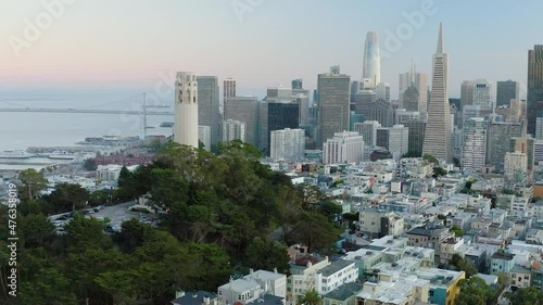 Aerial daytime video footage of San Francisco, California, USA, after sunset. 