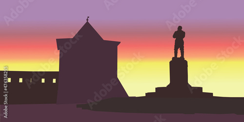 the silhouette of Nizhny Novgorod against the sunset
