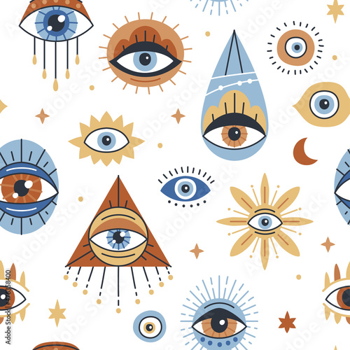 Seamless pattern design with Evil Eye, Hamsa. Background with evil, turkish, esoteric eye different shapes. Hand drawn various talismans. Wallpaper repeatable texture with amulets.