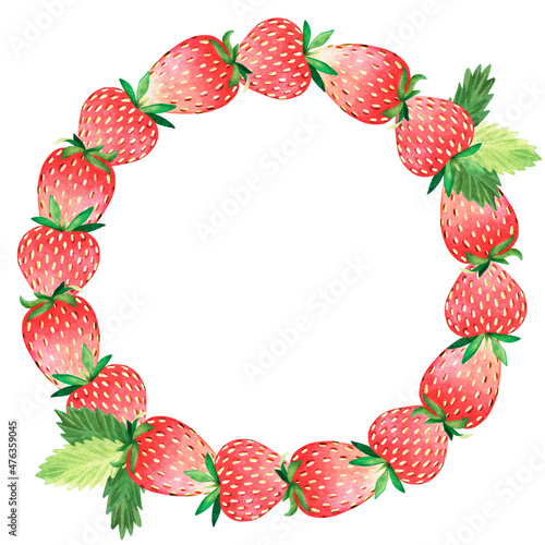 Strawberry wreath. Watercolor illustration. Isolated on a white background. For your design.