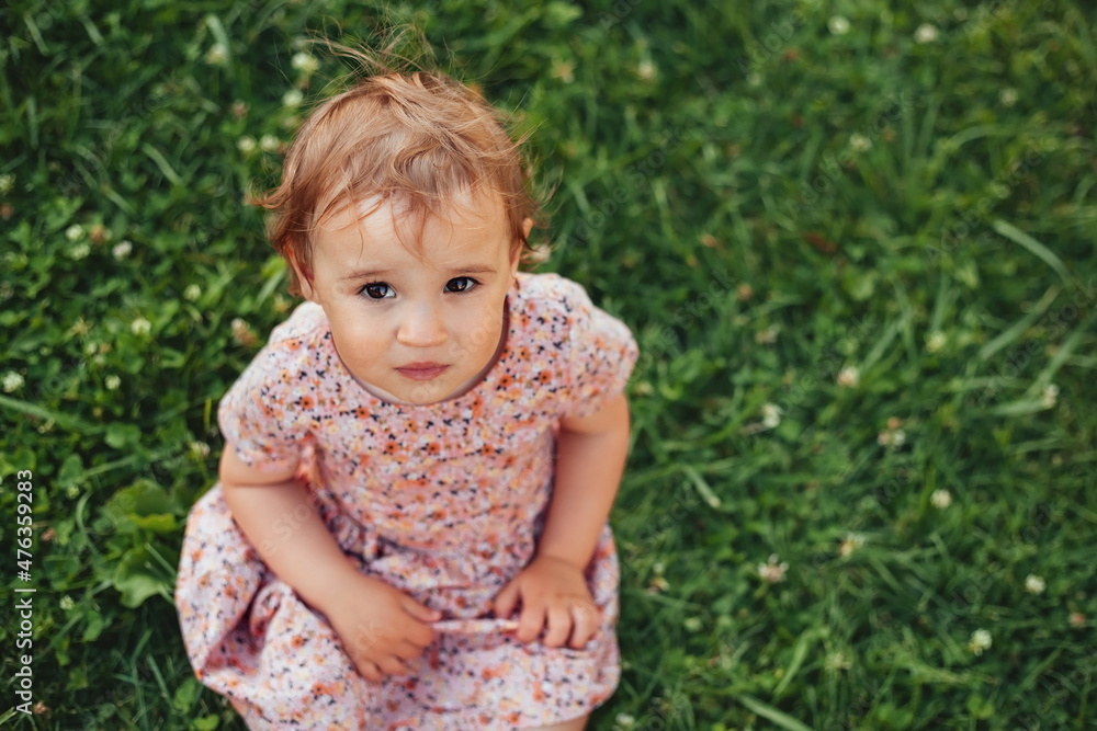 child sitting in the park and playing with the grass. green life concept child sitting in the park and playing with the grass. green life concept