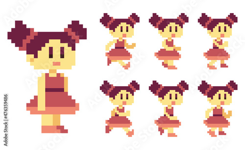 Pixel cute girl character walk run animation illustration
