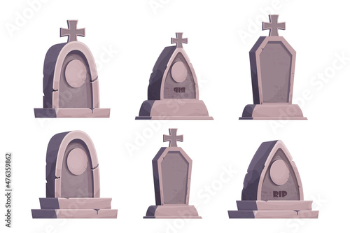 Set stone grave, memorial in cartoon style isolated on white background. Funeral, cemetery object. Afterlife monument.