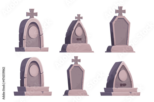 Set stone grave, memorial in cartoon style isolated on white background. Funeral, cemetery object. Afterlife monument.