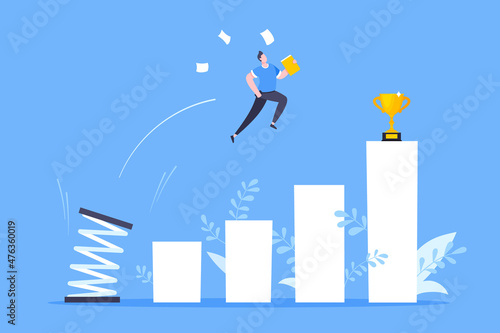 Springboard businessman high jump flat style design vector illustration concept. Business person jumps above career ladder. Success growth, motivation opportunity, boost career concept.
