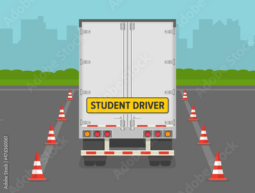 Heavy vehicle driving practice test with red cones. Student driver driving a truck. Back view. Flat vector illustration template.