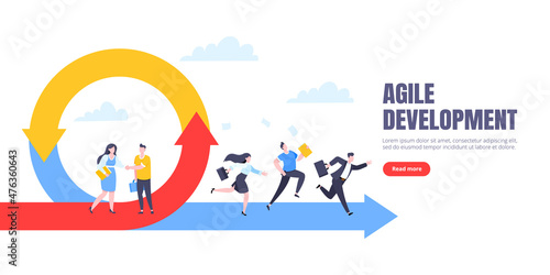 Agile development methodology business concept flat style design vector illustration isolated on white background. Agile life cycle for software development diagram. Business person run into project.