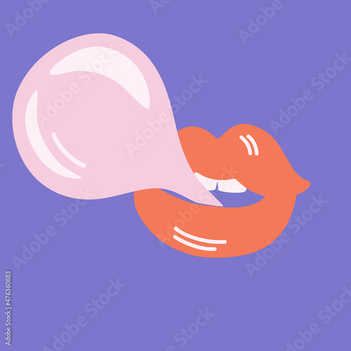 Lips inflate bubble gum. Feminism movement and sisterhood concept. Bubble gum sticker in comics style. Hand drawn cartoon illustration isolated on white.