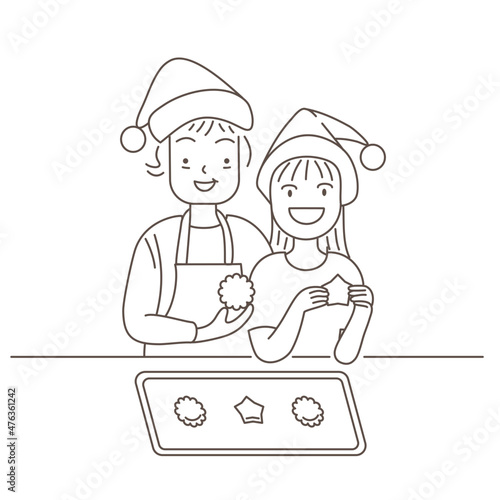 Doodle vector illustration of Grandmother and grandchild baking together. They are holding cookies and laughing.