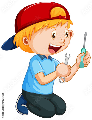 A boy holding a screwdriver on white background