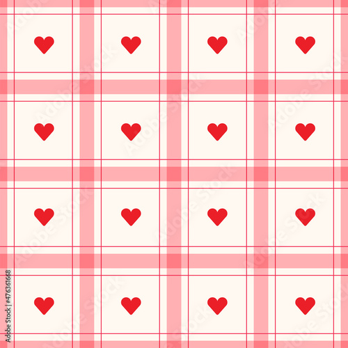 Cute Minimal Heart Pink Red Cream Ivory Beige Checkered Gingham Pattern Editable Stroke. Cartoon Illustration, Mat, Fabric, Textile, Scarf, Wrapping Paper.