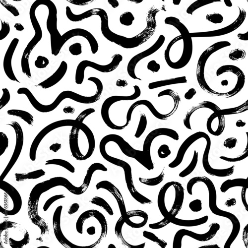 Swirled black lines and dots vector seamless pattern. Hand drawn wavy brush strokes. Black paint freehand scribbles. Abstract organic ink background. Brushstrokes, squiggles lines pattern. 