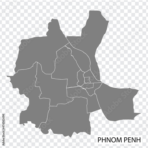 High Quality map of  Phnom Penh is a capital of  Cambodia, with borders of the regions. Map of  Phnom Penh for your web site design, app, UI. EPS10.