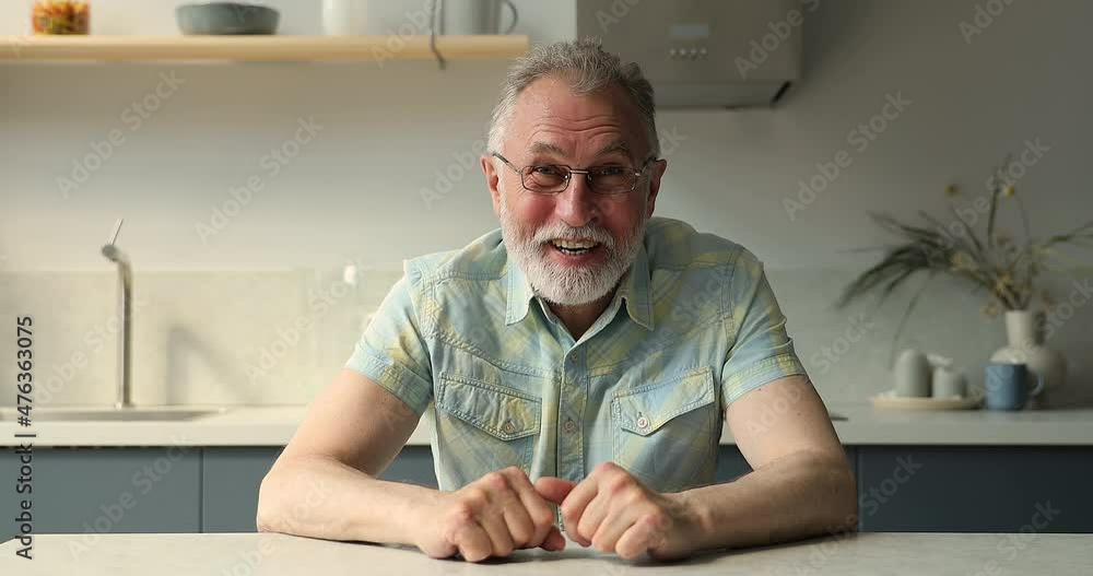 Happy senior hoary bearded grandpa in glasses meet dear grandchild online in virtual chat talk communicate. Smiling elderly man retiree speak to family by video call in social distancing conditions Happy senior hoary bearded grandpa in glasses meet dear grandchild online in virtual chat talk communicate. Smiling elderly man retiree speak to family by video call in social distancing conditions