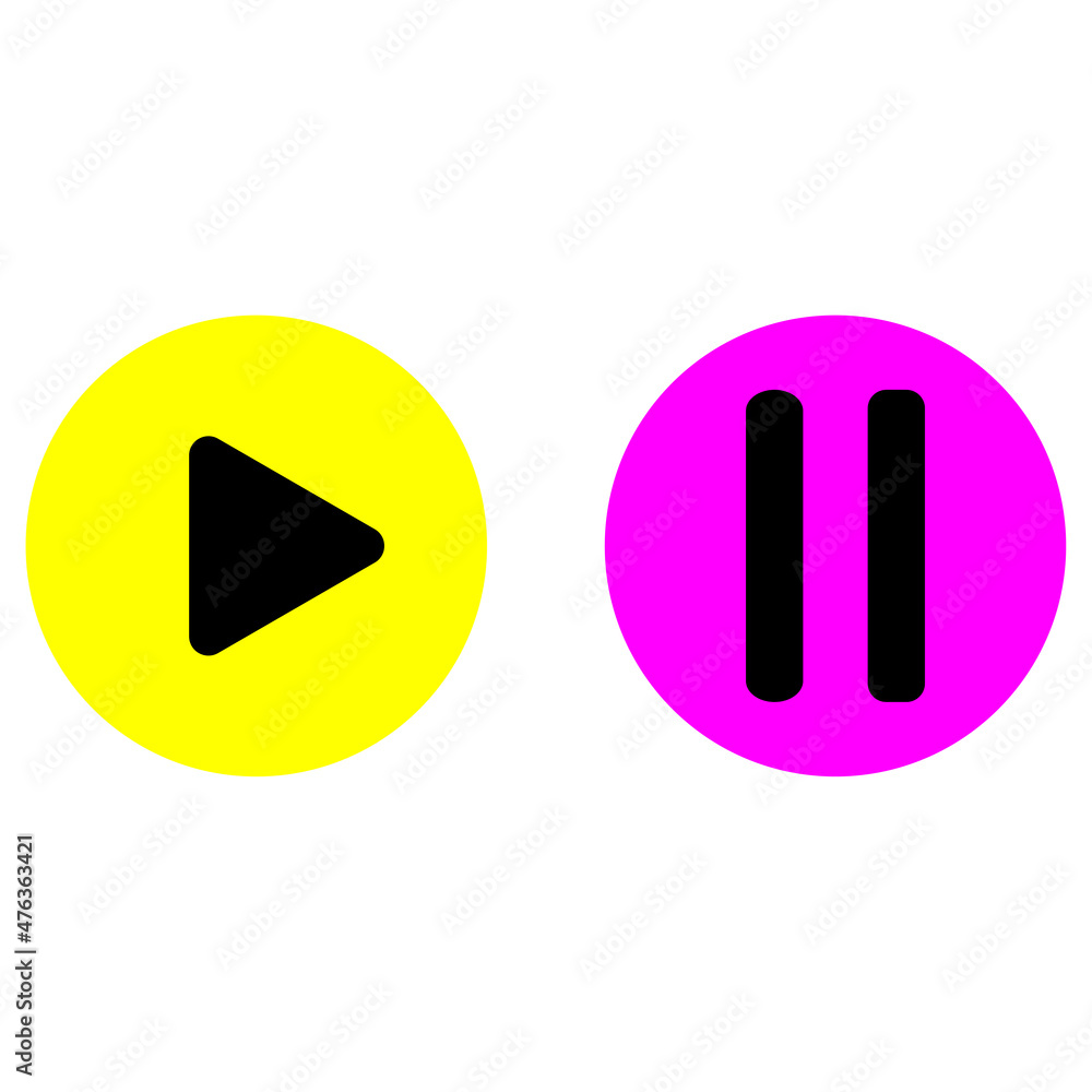 Play icon. Pause sign. Yellow and pink circle. Multimedia concept. Mobile app element. Vector illustration. Stock image. EPS 10. Play icon. Pause sign. Yellow and pink circle. Multimedia concept. Mobile app element. Vector illustration. Stock image. EPS 10.
