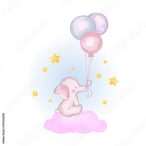 Cute baby elephant in the sky with balloon. Baby nursery watercolor illustration