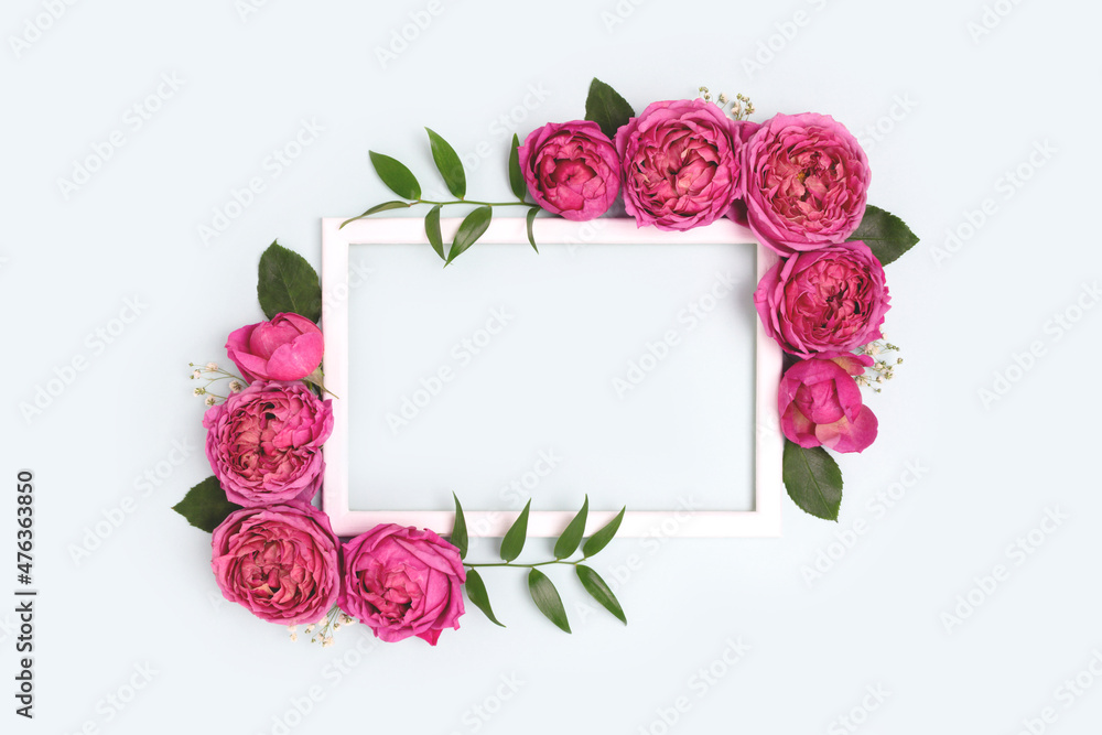 Empty flower frame made of pink rose on a blue pastel background. Greeting card template with copyspace. Holidays concept.