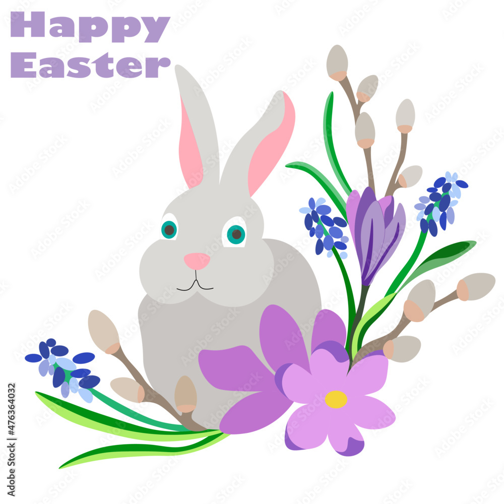 happy Easter. The grey Easter bunny sits in spring flowers (crocuses, willow, primrose). Congratulations and gifts for Easter and spring. Hello Spring