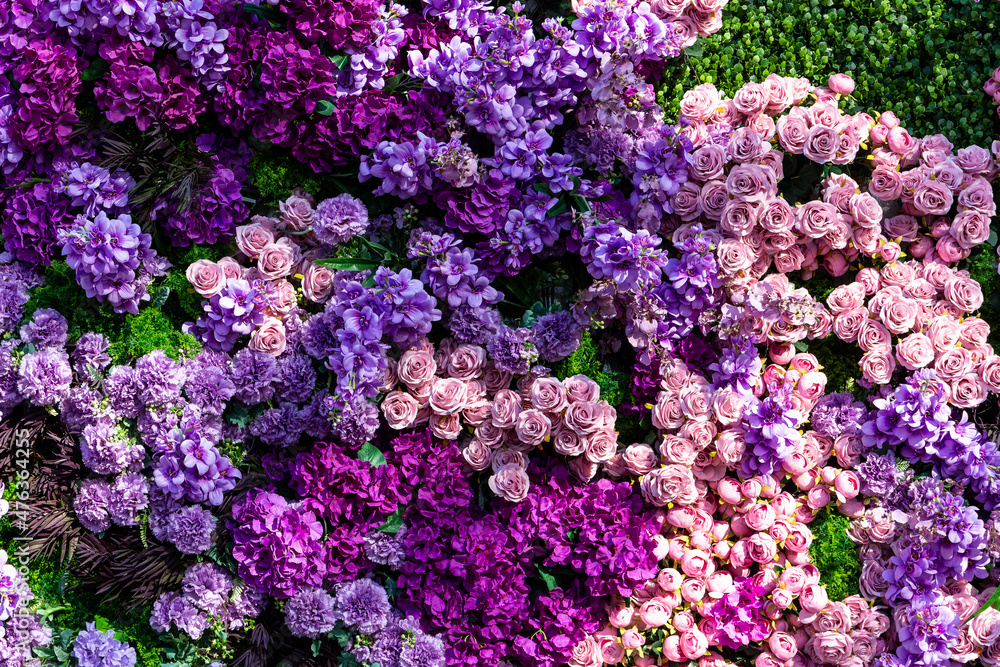 Purple and pink floral background wall with flowers: roses, peonies (Paeonia) and lilac (Syringa). Purple and pink floral background wall with flowers: roses, peonies (Paeonia) and lilac (Syringa).