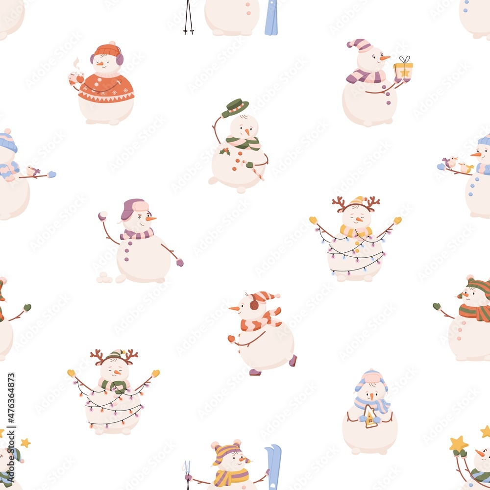 Happy snowmen pattern. Seamless Christmas background with snow men characters print. Endless Xmas backdrop design for festive wrapping paper and holiday decoration. Colored flat vector illustration Happy snowmen pattern. Seamless Christmas background with snow men characters print. Endless Xmas backdrop design for festive wrapping paper and holiday decoration. Colored flat vector illustration
