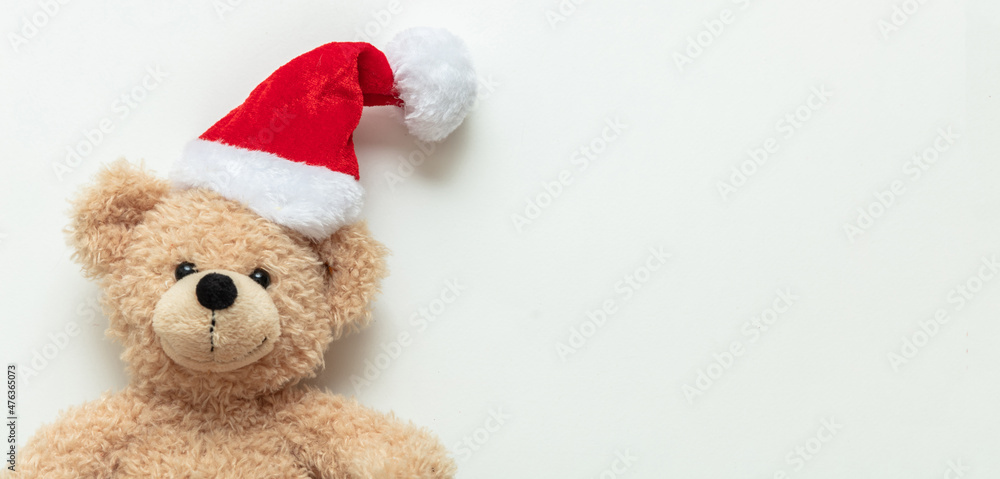 Christmas present. Teddy bear wearing a Santa hat on white background, Holiday greeting card.