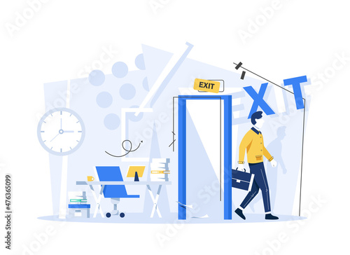 Office worker, entrepreneur or businessman with briefcase walking out open door. Concept of escaping comfort zone, step to success, personal development