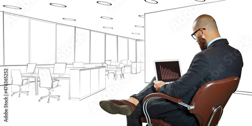 Wallpaper Mural A man in a shirt in a leather chair. Businessman with laptop on painted background. The painted interior of the office is blurred in the background. Business and work concept. Torontodigital.ca