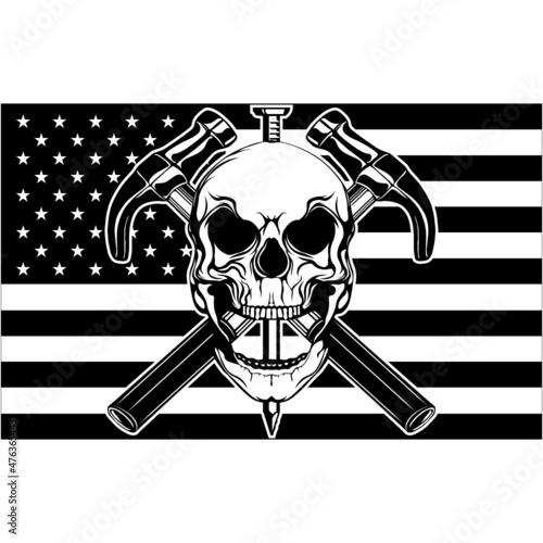 Patriotic carpenter logo SVG design with a skull, crossed hammers, a nail, and the US flag