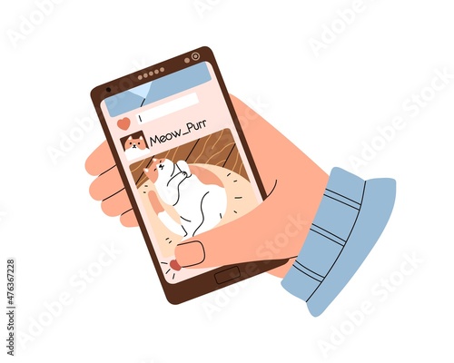 Hand holding mobile phone, scroll screen with cats photos in social media, networks. Person use smartphone, putting likes and commenting posts. Flat vector illustration isolated on white background