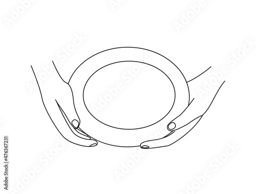 the girl's hands are holding a plate or saucer. View from above. Linear style illustration