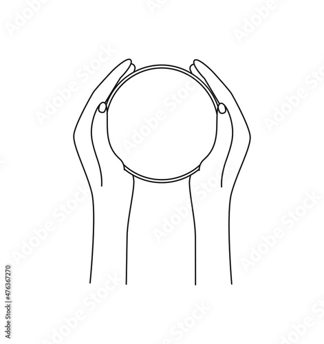 The girl's hands are holding a cup with a drink. View from above. Linear style illustration