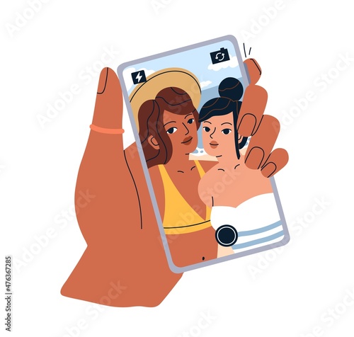 Women taking selfie portrait with mobile phone. Self-photo on screen and hand holding smartphone. Girlfriends picture from summer holidays. Flat vector illustration isolated on white background