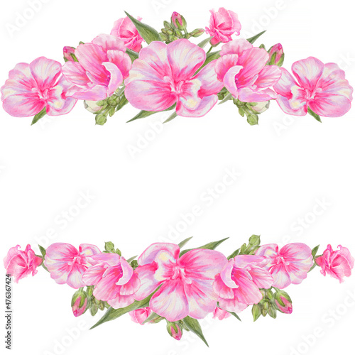 Watercolor realistic bouquets of pink flowers - frame, border for wedding, birthday, St Valentine's card.