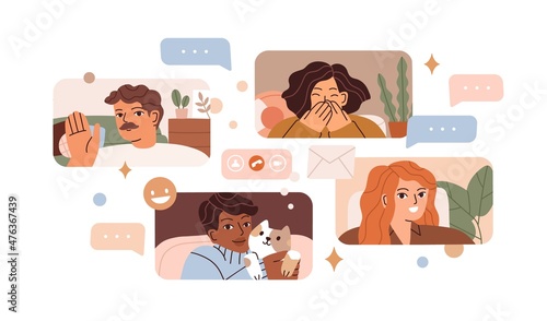 Online communication and virtual internet connection concept. People connected with digital video conference calls, social media messages and e-mails. Flat vector illustration isolated on white