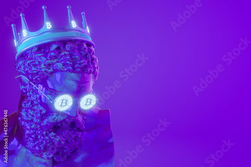 Hercules gipsum head in bitcoin glasses on a neon bakground. 3d image.