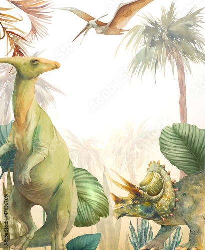 Watercolor dinosaurs illustration. Artwork with prehistorical animals  Parasaurolophus  triceratops  pterodactyl. Tropical wall decor design