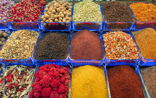 Photography dried spices and tea background. Close up. Grand Bazaar