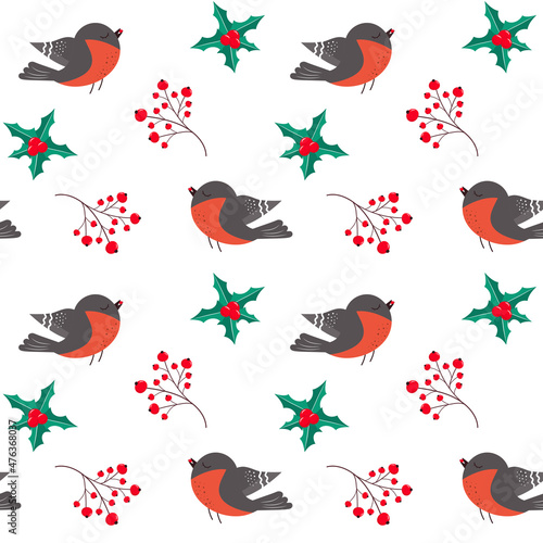 Seamless pattern with bullfinch, holly leaves and sprig of red berries. Christmas decor, natural winter texture.