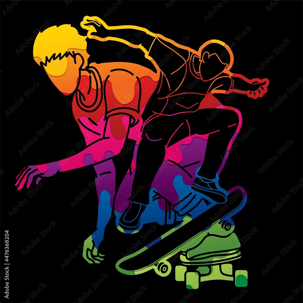 Fototapeta premium Group of People Play Skateboard Extreme Sport Skateboarder Action Cartoon Graphic Vector
