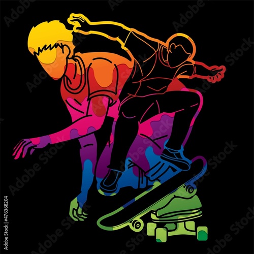 Group of People Play Skateboard Extreme Sport Skateboarder Action Cartoon Graphic Vector © sila5775