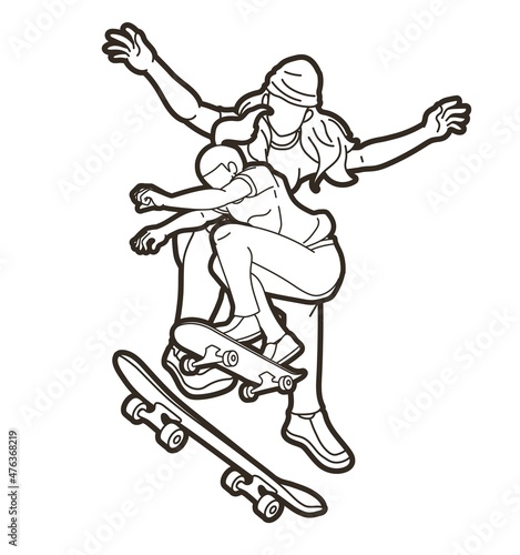 Group of People Play Skateboard Extreme Sport Skateboarder Action Cartoon Graphic Vector